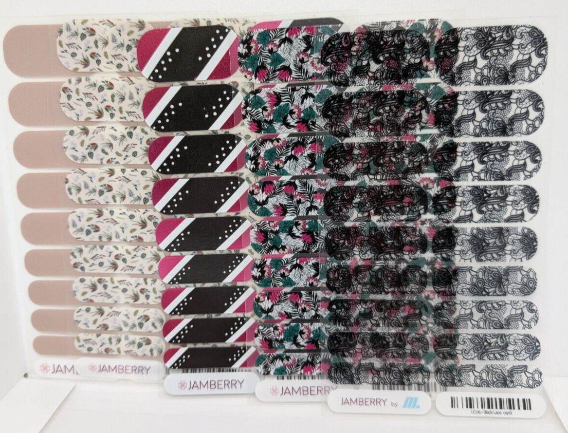 Jamberry Nail Wraps Full Sheets – Black Pink Green Neutral Florals Lot of 5