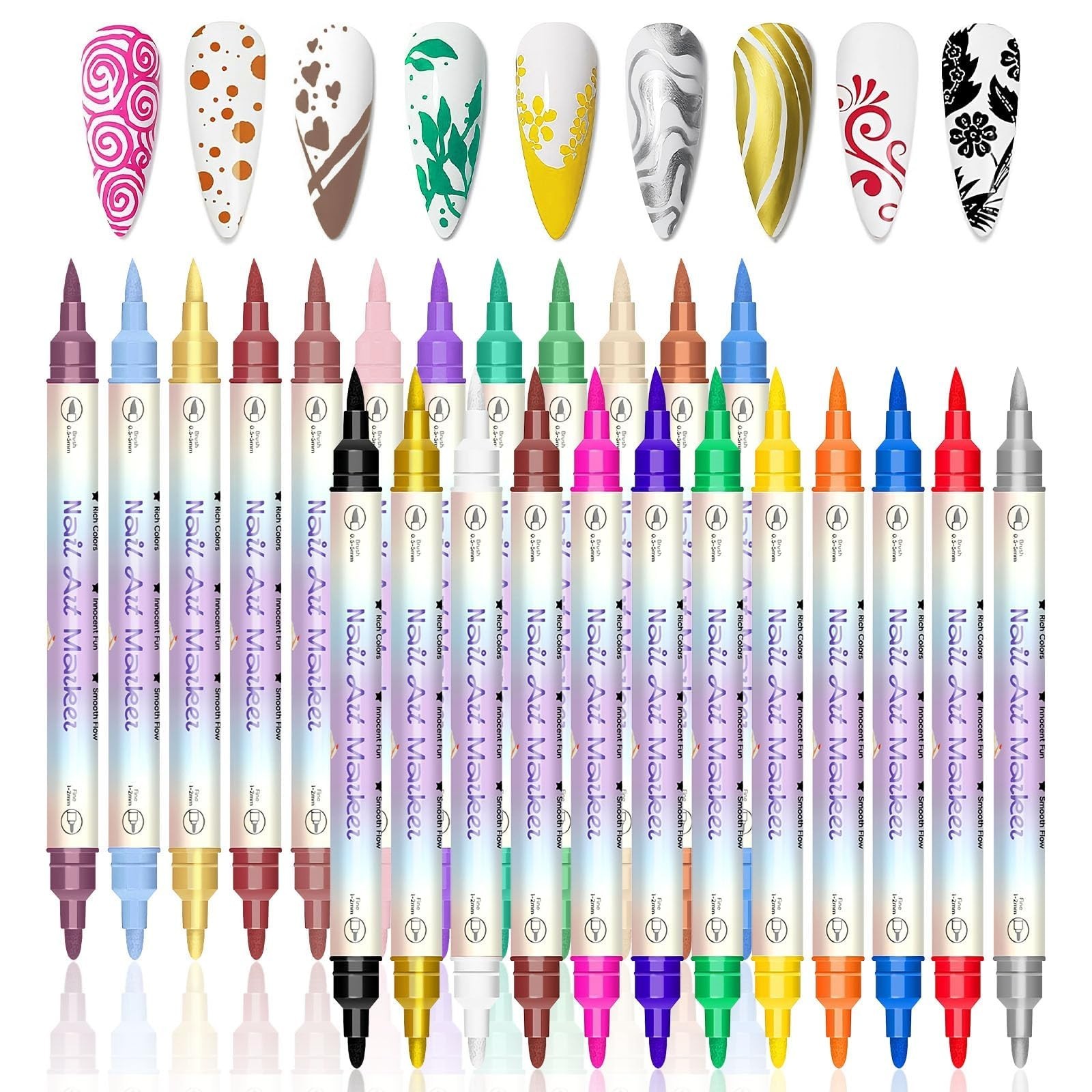 24 Color Dual-Ended Nail Art Pens Set, Quick-Drying Markers for DIY Nail Design