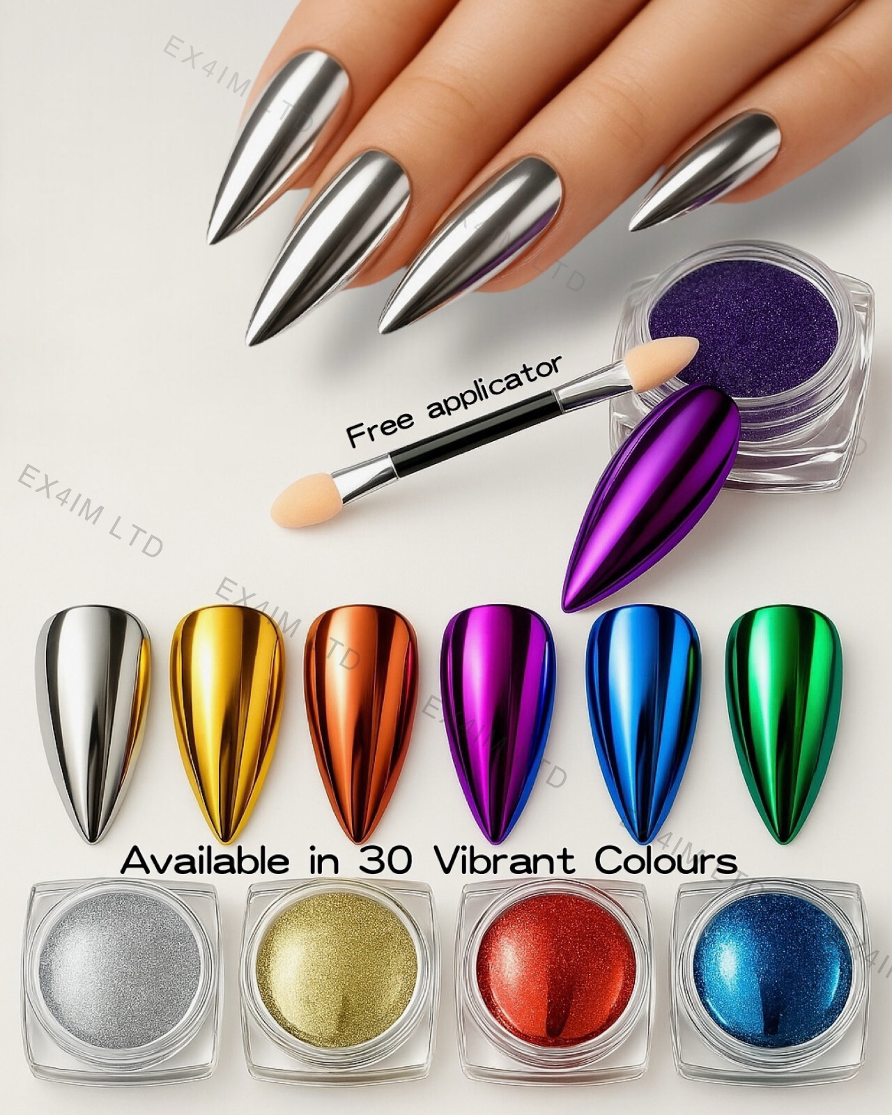 Mirros Chrome Nail Powder 30 Colours Unicorn Rainbow Red Blue Pink Rose Gold DIY