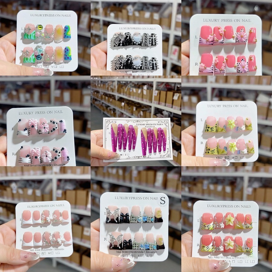 48Pcs 3D Rhinestone Pearl Press On Nails Almond Coffin Removable For Date