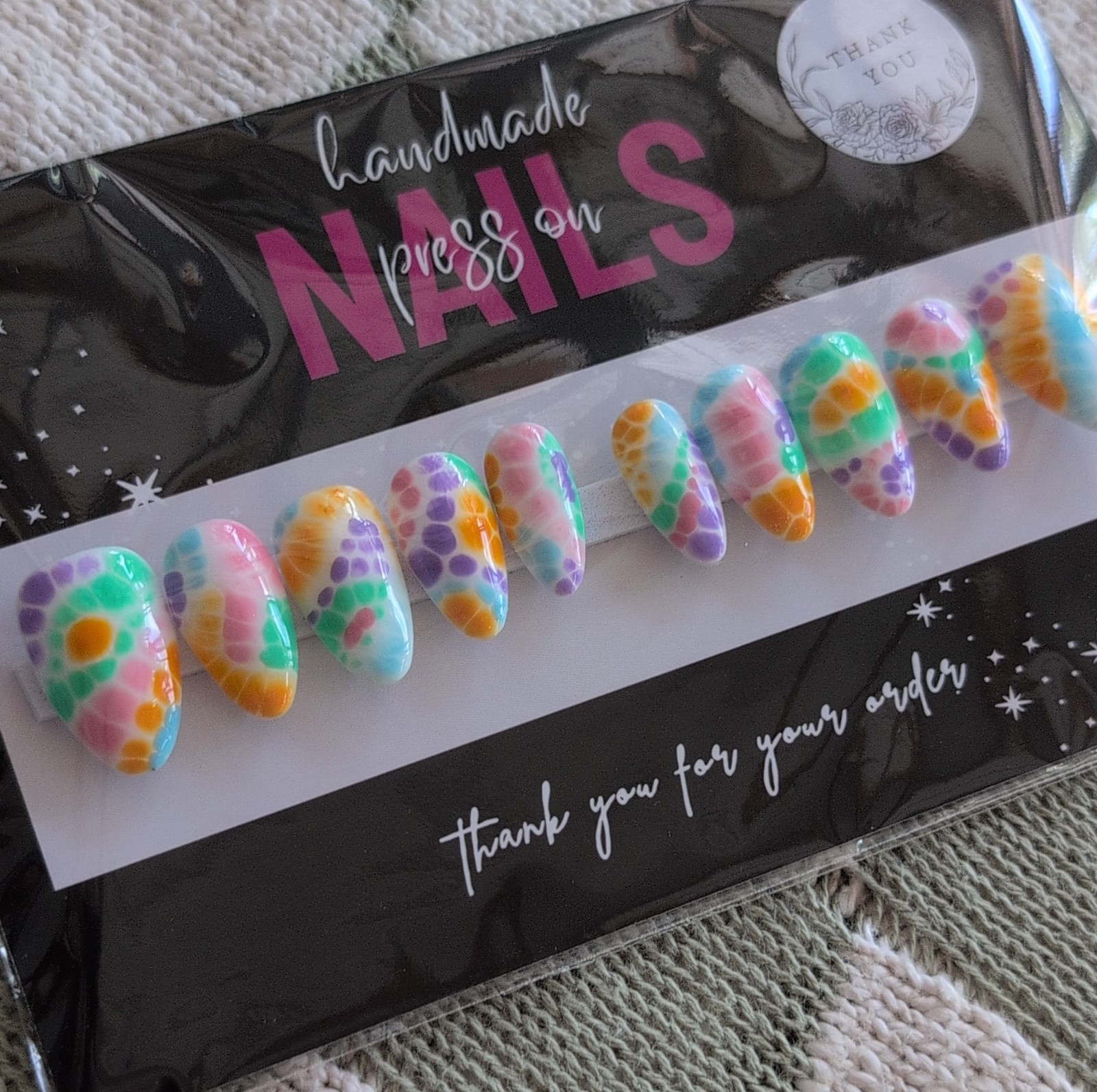 Press-On Nails Handmade Almond Long Multicolor Abstract Sized Large