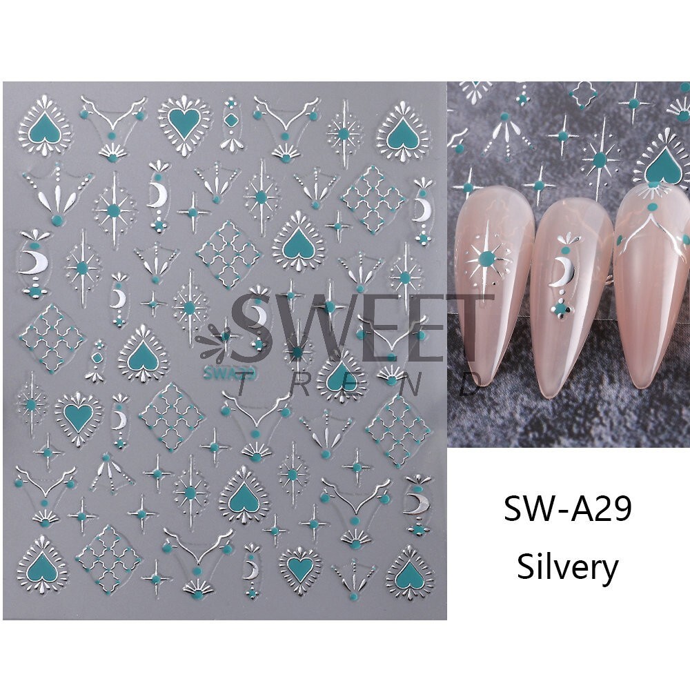 2Pcs Star Moon Sun Heart Bohemian Metallic Gold Silver Nail Stickers DIY NH28