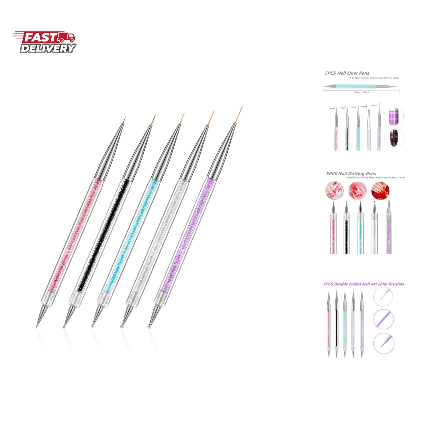 5 Pcs Nail Art Liner Brushes, Dual-ended Nail Art Point Drill Drawing Brush P…