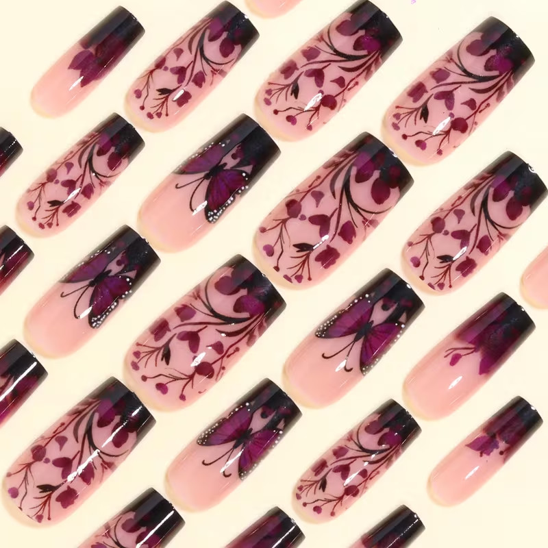 24pcs Ballet Press-On Nails, Medium Length, Glossy, Colorful Butterfly Design