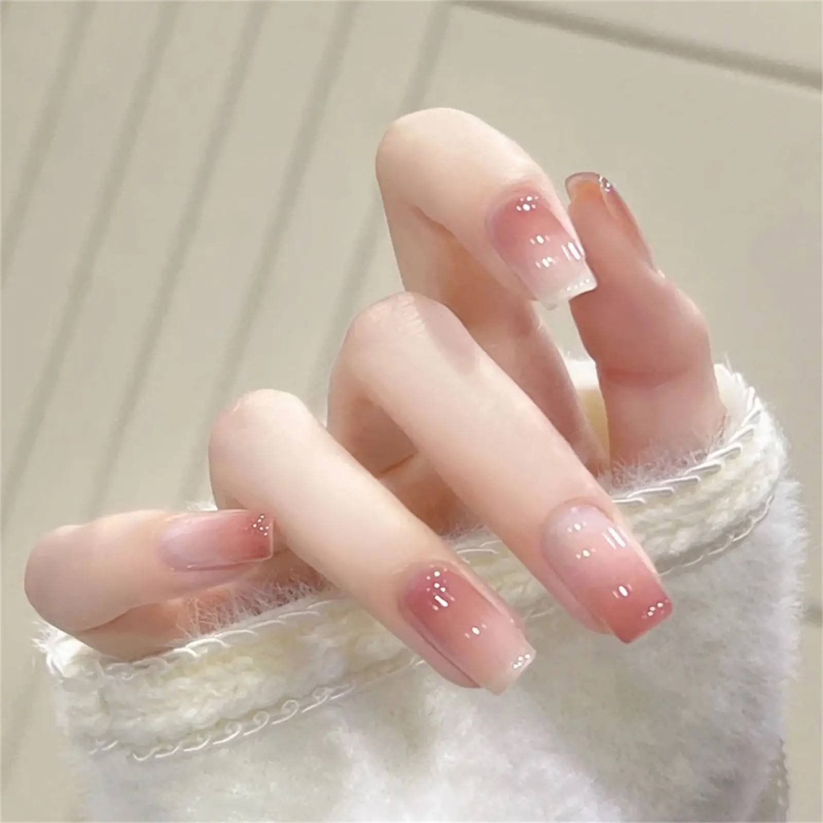 Sweet Gradient Pink Fake Nails Round Head Korean Style Press On Nails 24pcs