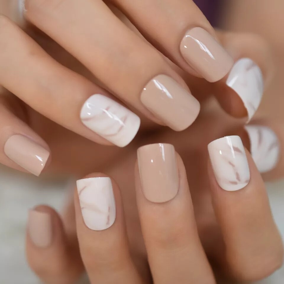 Cream Marble Short Press on nails with glue 24 nails beige camel nude white tan