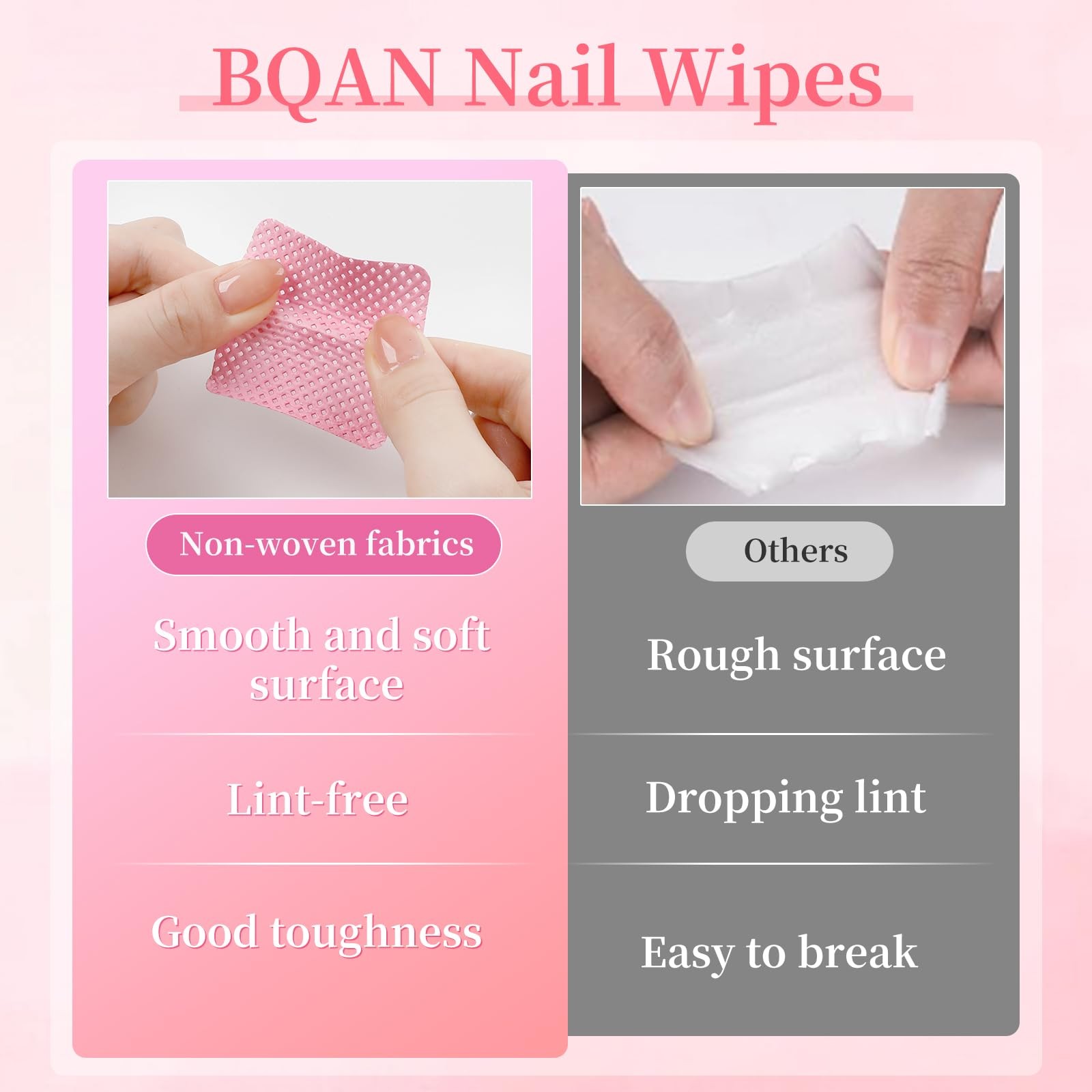 BQAN Lint Free Nail Wipes, 600PCS Polish Remover Pads Pink For pink-600P