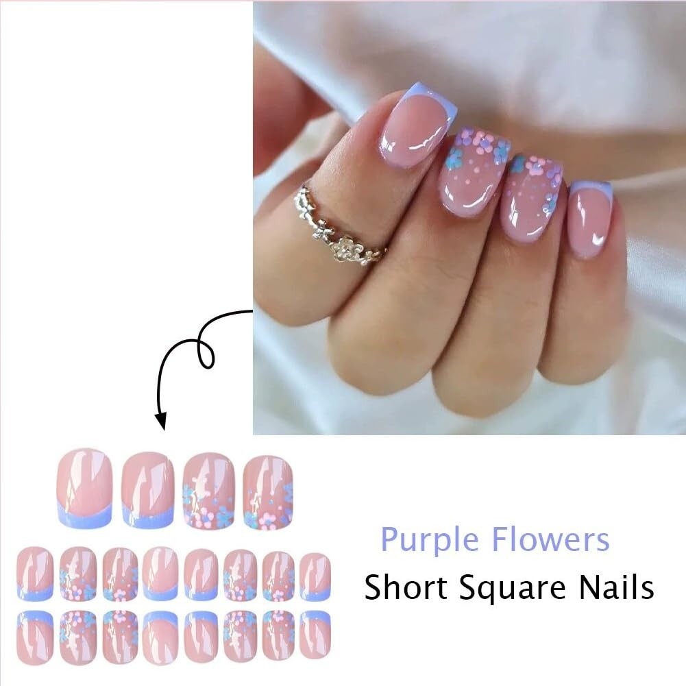 24Pcs Short Square Press On Nails – Floral Colorful Artificial Fake Nails, Re…
