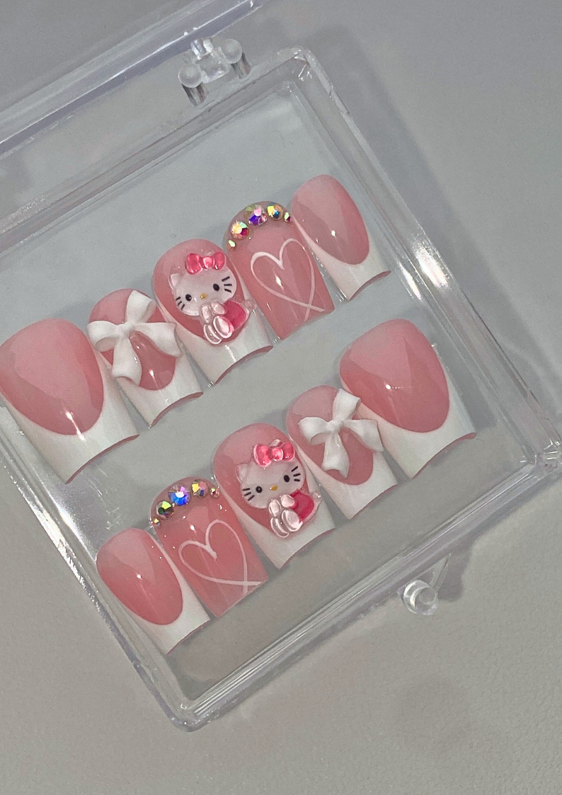 CUSTOM Hello Kitty Short Square Bling Press-On Nail FULL SET W/KIT 10p