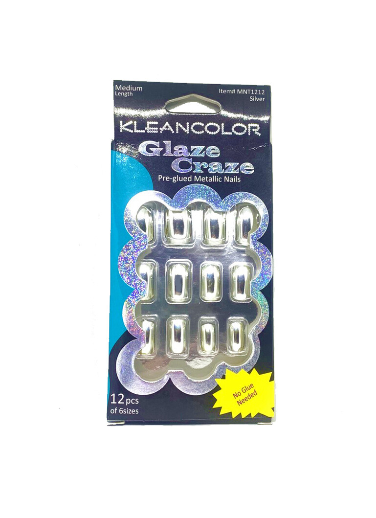 KleanColor Pre-Glued Silver Metallic Med. & Steamy Sprinkles Med-Long Nails 2-PK
