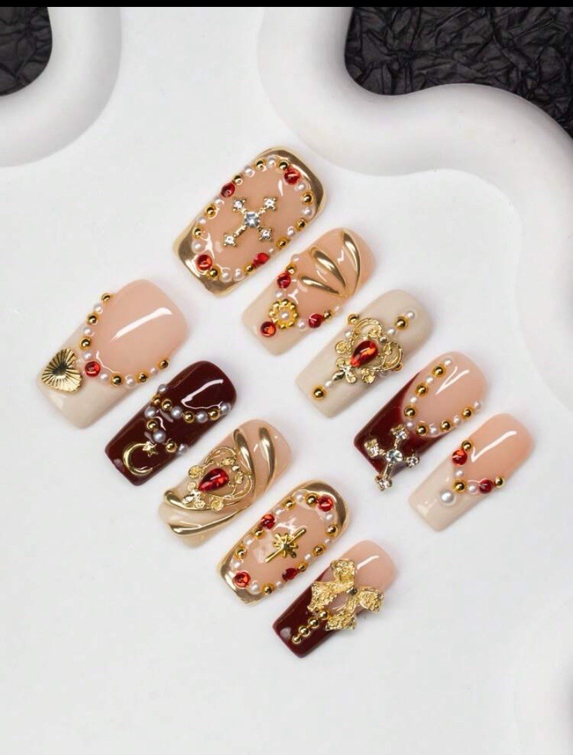 3D Flower Press-On Nails Medium Square Full Cover Red Charm White Blue Set