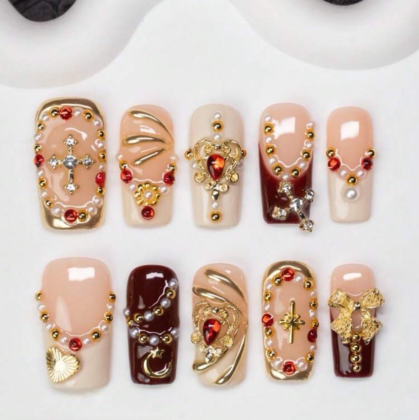 3D Flower Press-On Nails Medium Square Full Cover Red Charm White Blue Set