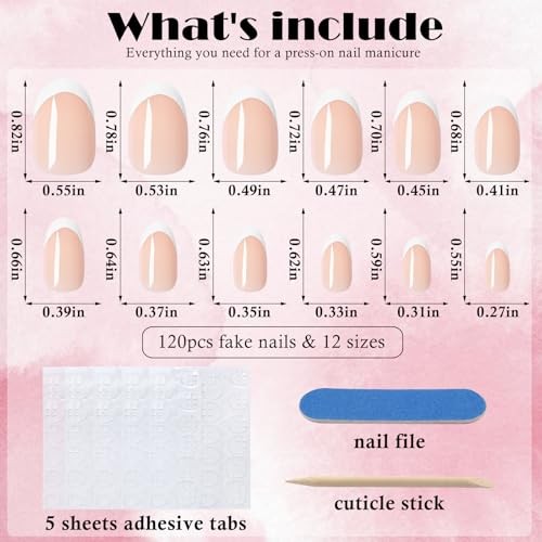 French Tip Press on Nails Short Oval Fake Nails, 120pcs Pale Pink & White