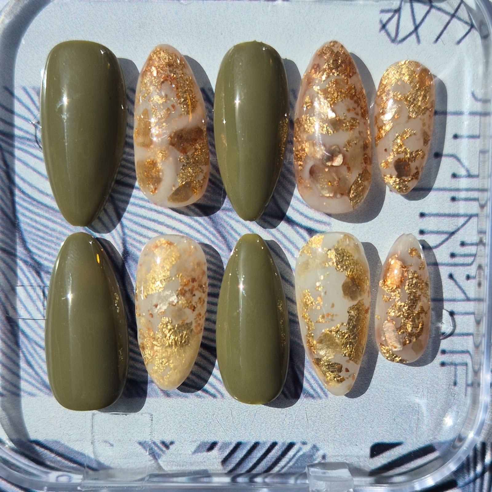 Nikki N Her Nails Olive Green Gold Marble Almond Press-On Nails Set Full Cover