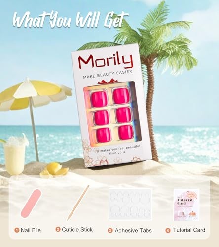 Hot Pink Press on Toenails Short Square Fake Toenails Glossy Acrylic Toe