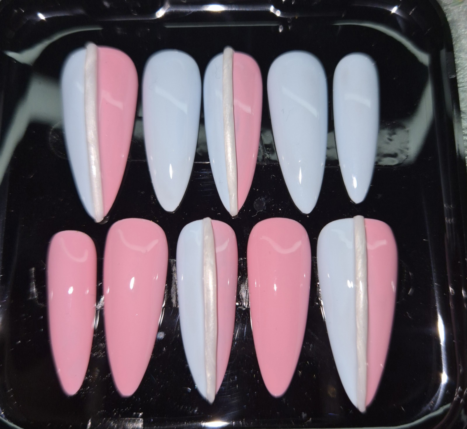 Pink Blue White Shiny Abstract Long Stiletto Press-On Nails Pre-Designed Full C…