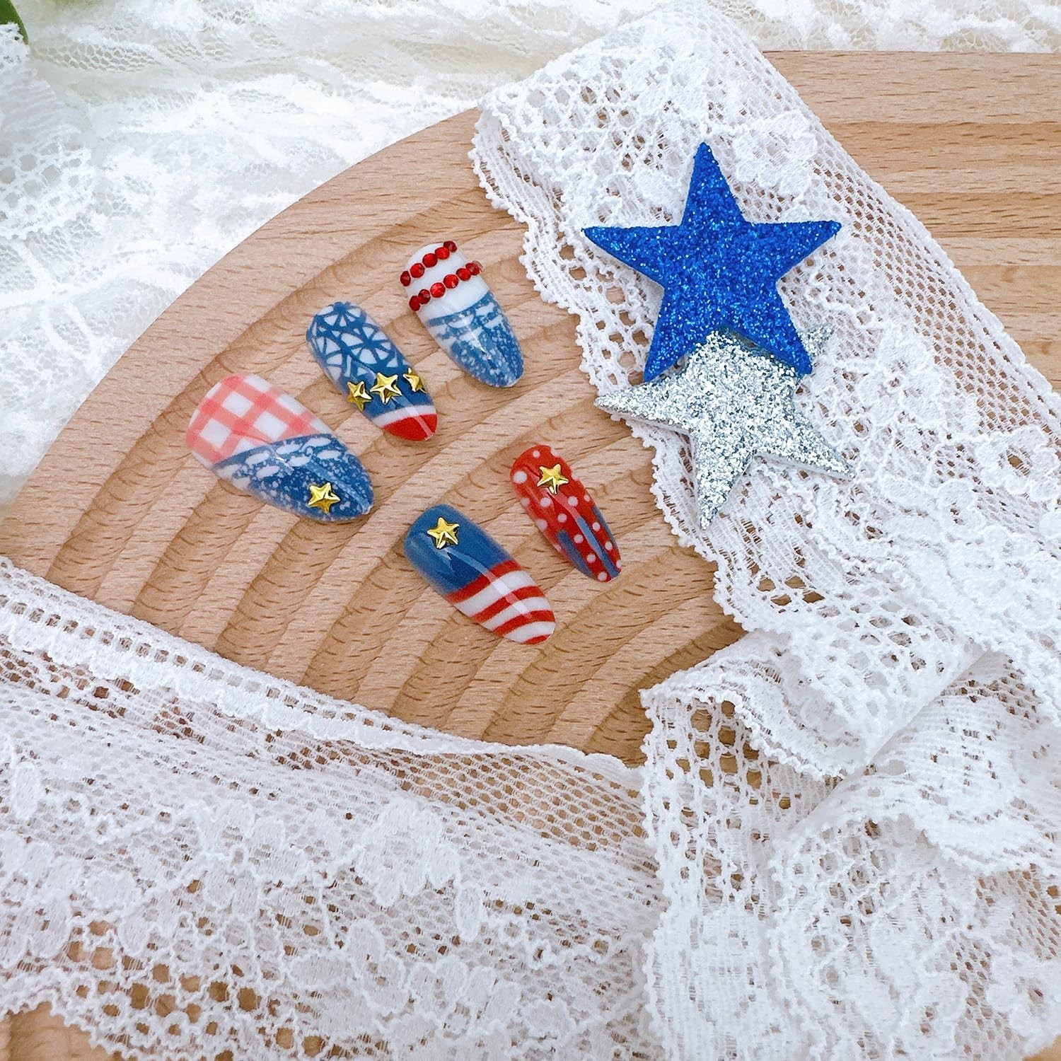 30Pcs 4th of July Press on Nails Medium Almond Fake Nails with Gold Star Red …