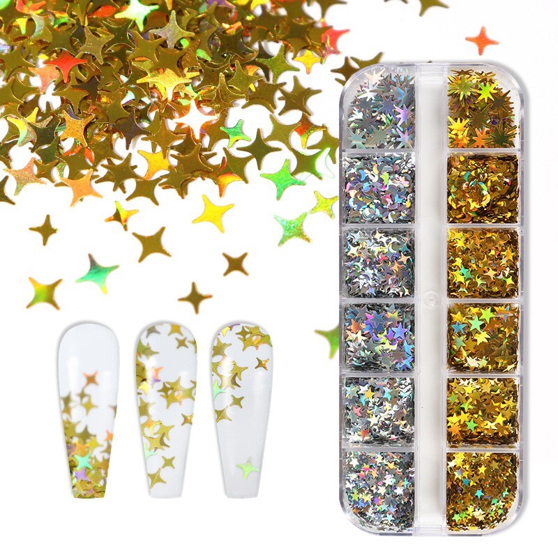 12 Grids Mix Nail Glitter Sequins Star Moon Shape Flakes Nail Art 3D Decoration