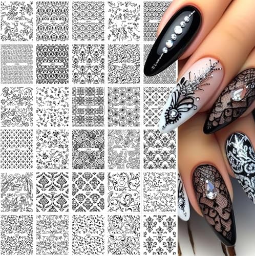 30 Sheets Lace Nail Art Stickers 3D Black Flower Lace Nail Decals Self Style 6