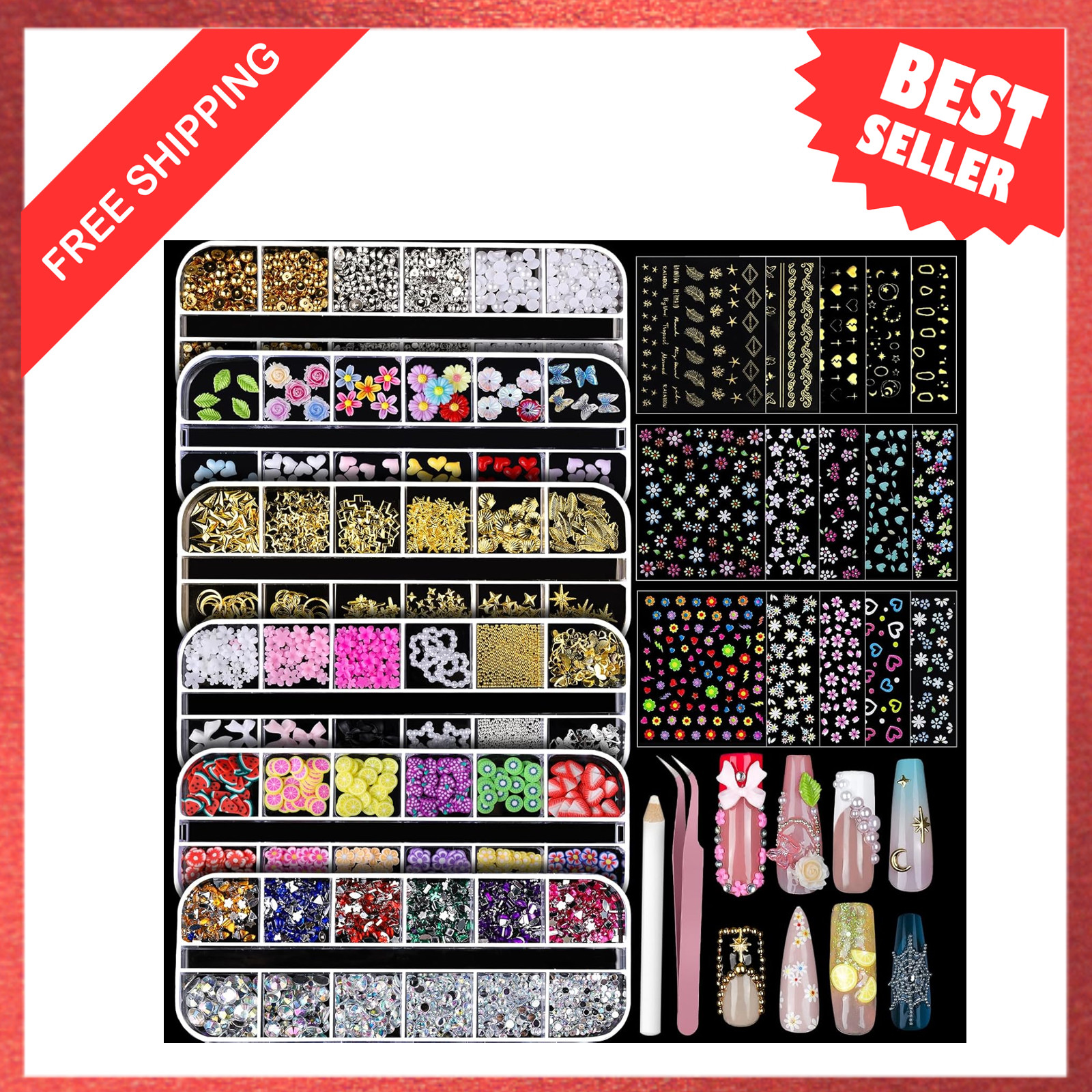 Nail Charms and Gems, 3D Nail Gems, Flower Nail Stickers, Rhinestones, Pearls