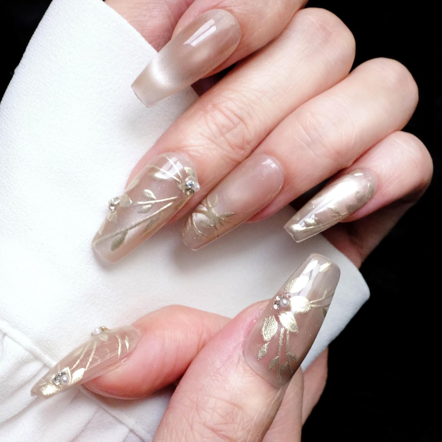 GLORS Nude Long Ballerina Press-On Nails, Gold Floral & Pearls, 10 Pcs