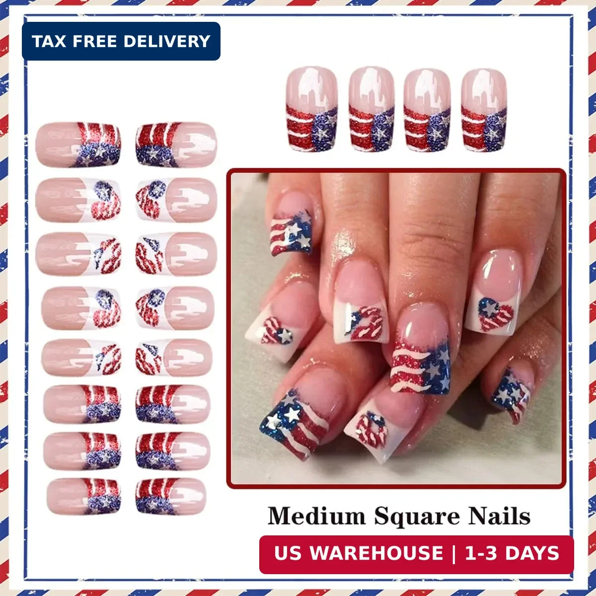 4th of July Press on Nails Medium Square French Tip Fake Nails Red White Blue Gl