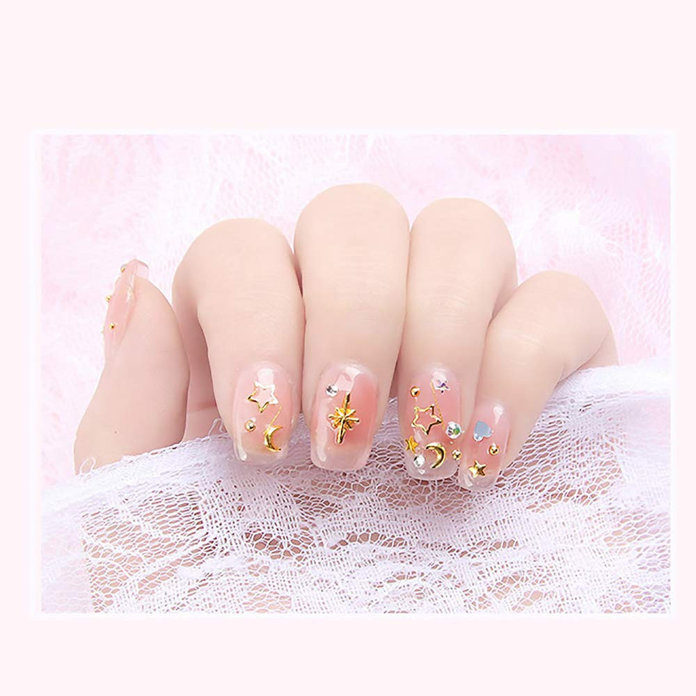 6 Boxes Gold Nail Charms Studs Rose Star Moon Feather Shape Metal Nail 3D Charm