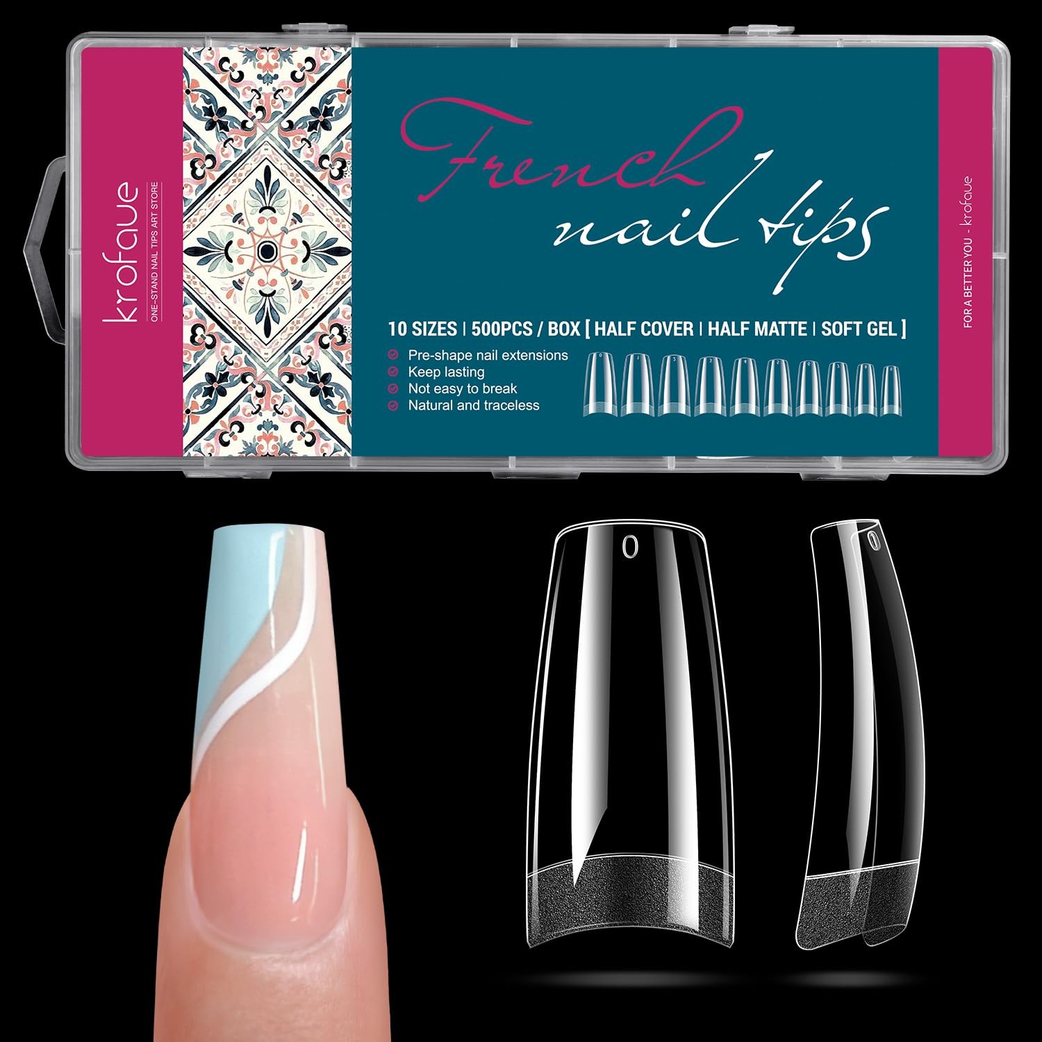krofaue French Nail Half Matte Tips, Tips