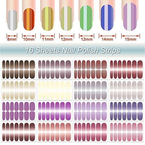 16 Sheets Nail Polish Strips – Full Nail Wraps – Self Adhesive Gradient Glitter