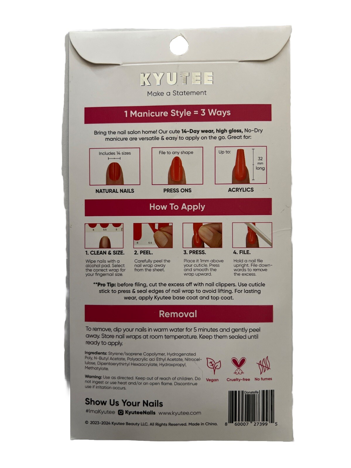 Kyutee Nails Peel. Press. File. Instant Gel Polish Manicure – Donatella – 28pc