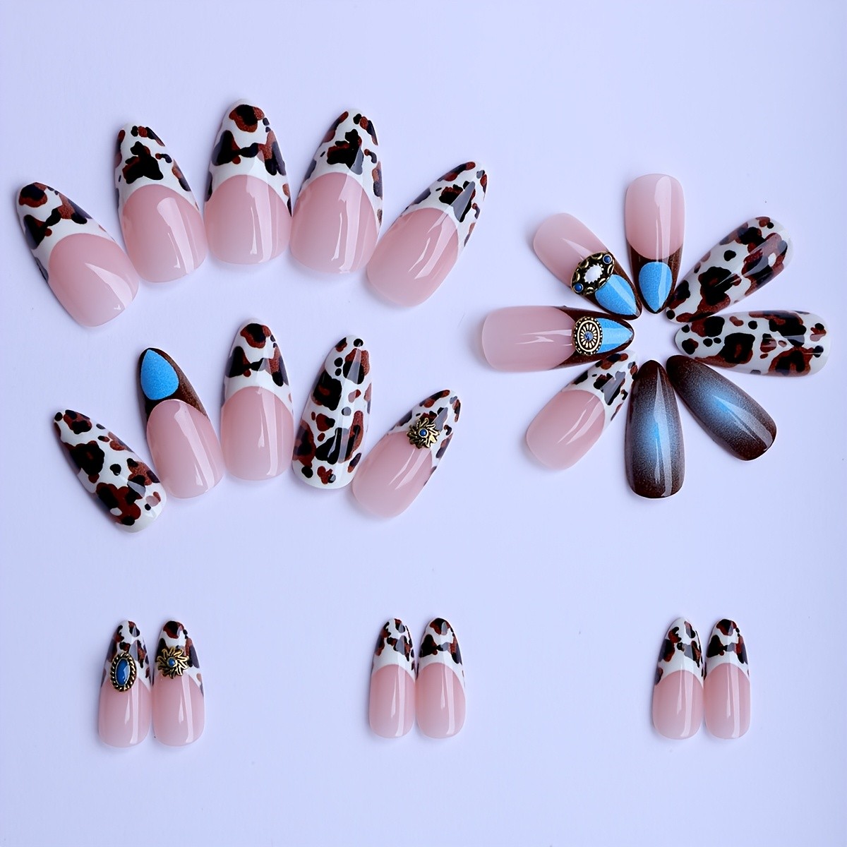 48Pcs-Cow Print Turquoise Almond Press on Nails with Western Style Gem Fake Tips