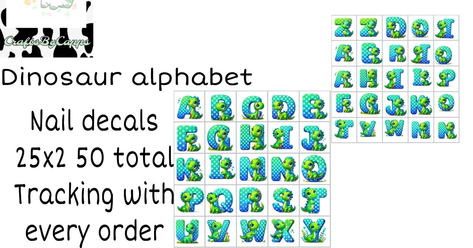 Dinosaur Alphabet Waterslide Decals For Finger Nail, Etc (set of 50) KC
