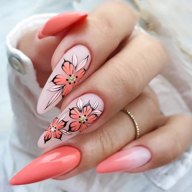 48Pcs-Long Almond Coral Pink Gradient Floral Gold Bead Press on Nails Set