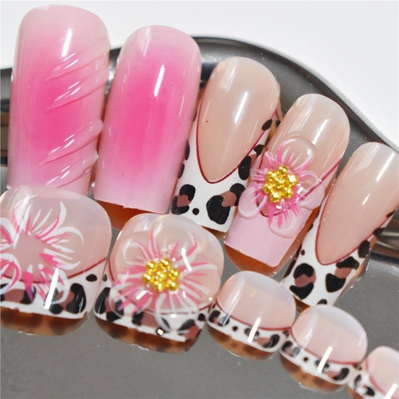 Sweet Leopard Print French 3D Flower Gradient Square Press On Nails 48PCS