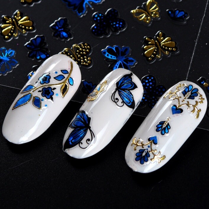 3 Sheets (random) 3D Nail Sticker Blue Gold Silver Butterfly Flower Lace Decals