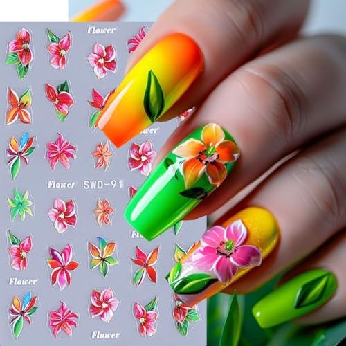 Flower Nail Art Stickers 5D Embossed Flowers Nail Decals 3PCS hawaii flower