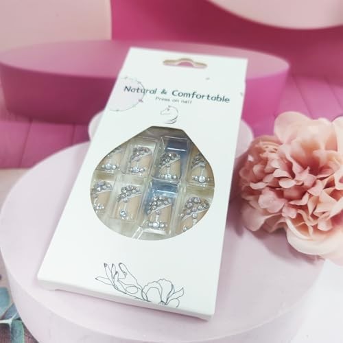 Silver Curve Line Press on Nails 24Pcs Rhinestones Stick on Nails Crystal Queen
