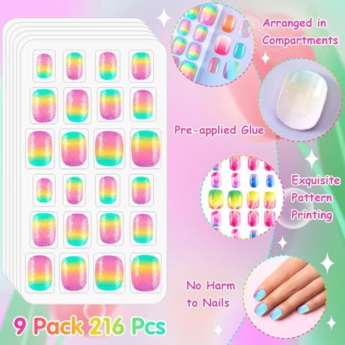 216Pcs 9 Pack Kids Press on Nails Grils Full Cover Short False Gradient Style