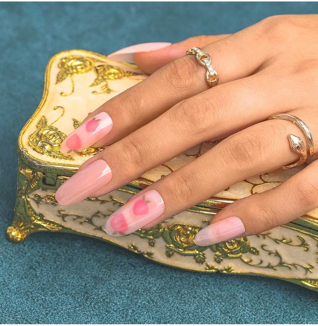 Kawaii Peach long oval Press on nails with glue 24 pink nude