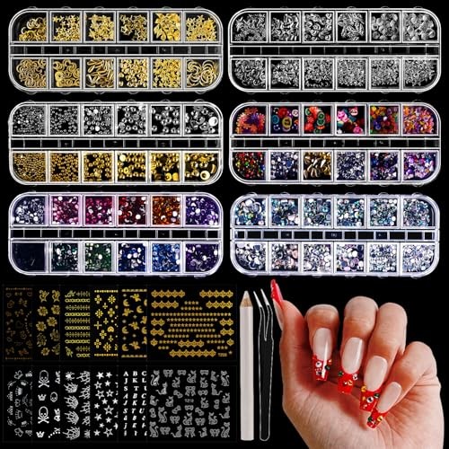 Nail Charms,Nail Rhinestones Kit with 6 Boxes of Rhinestones,12 multicolored