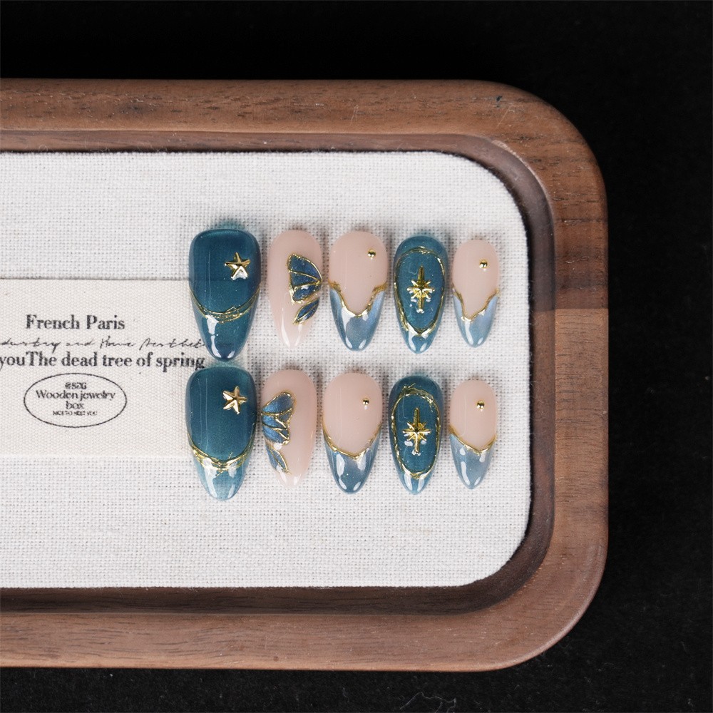 Handmade Gold Star Press on Nails Blue Nude Medium Almond Butterfly Ombre Accent