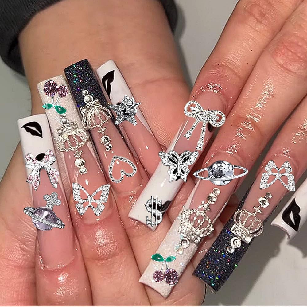 120 Pcs Silver Gold Nail Charms 3D Butterfly Cherry Star Bow Cross Planet Crown