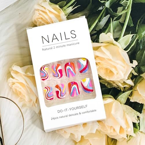 Press on Nails Square Short 24Pcs Press on Nails with Colorful Wavy Line