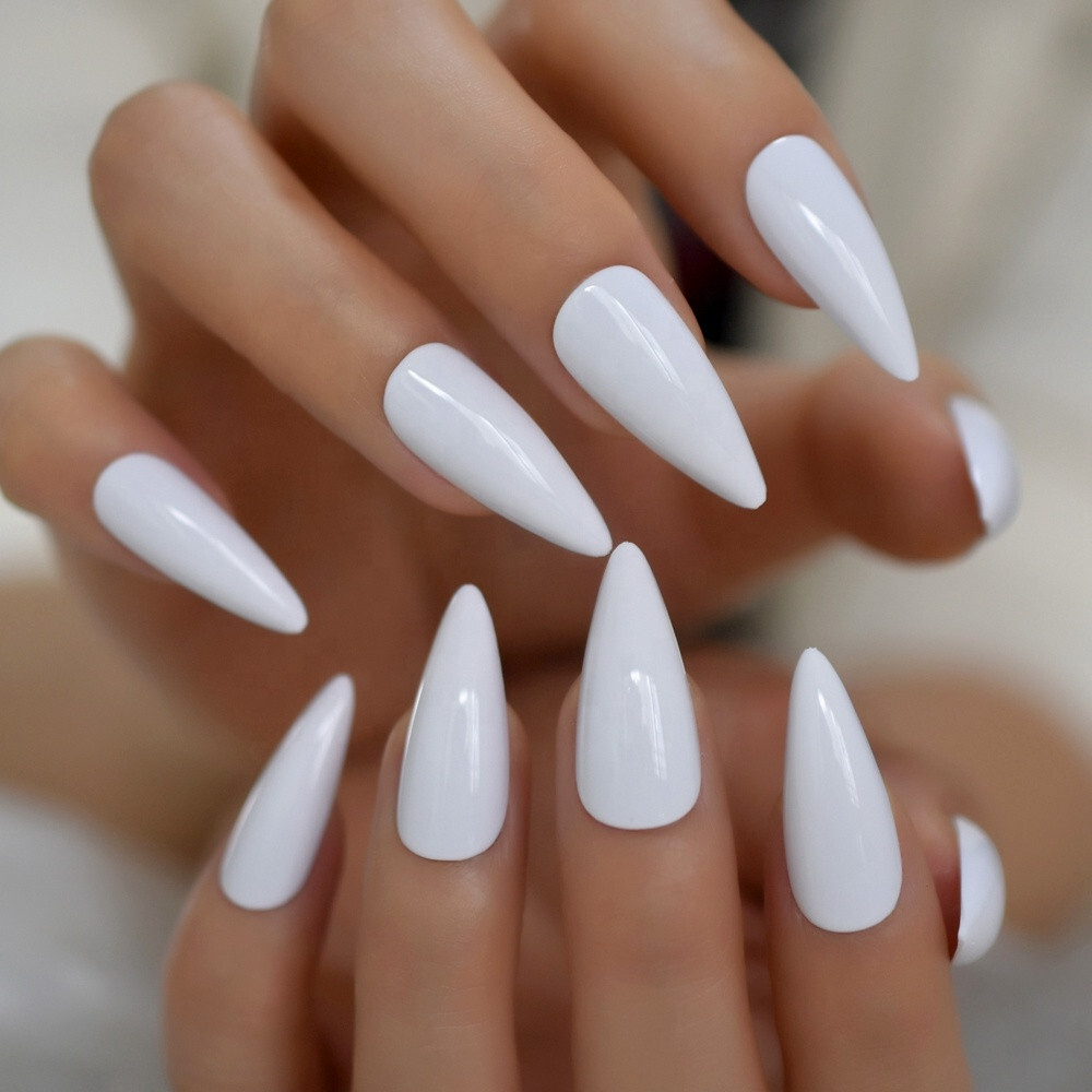 24 Press on nails kit w glue Long white stiletto pointed