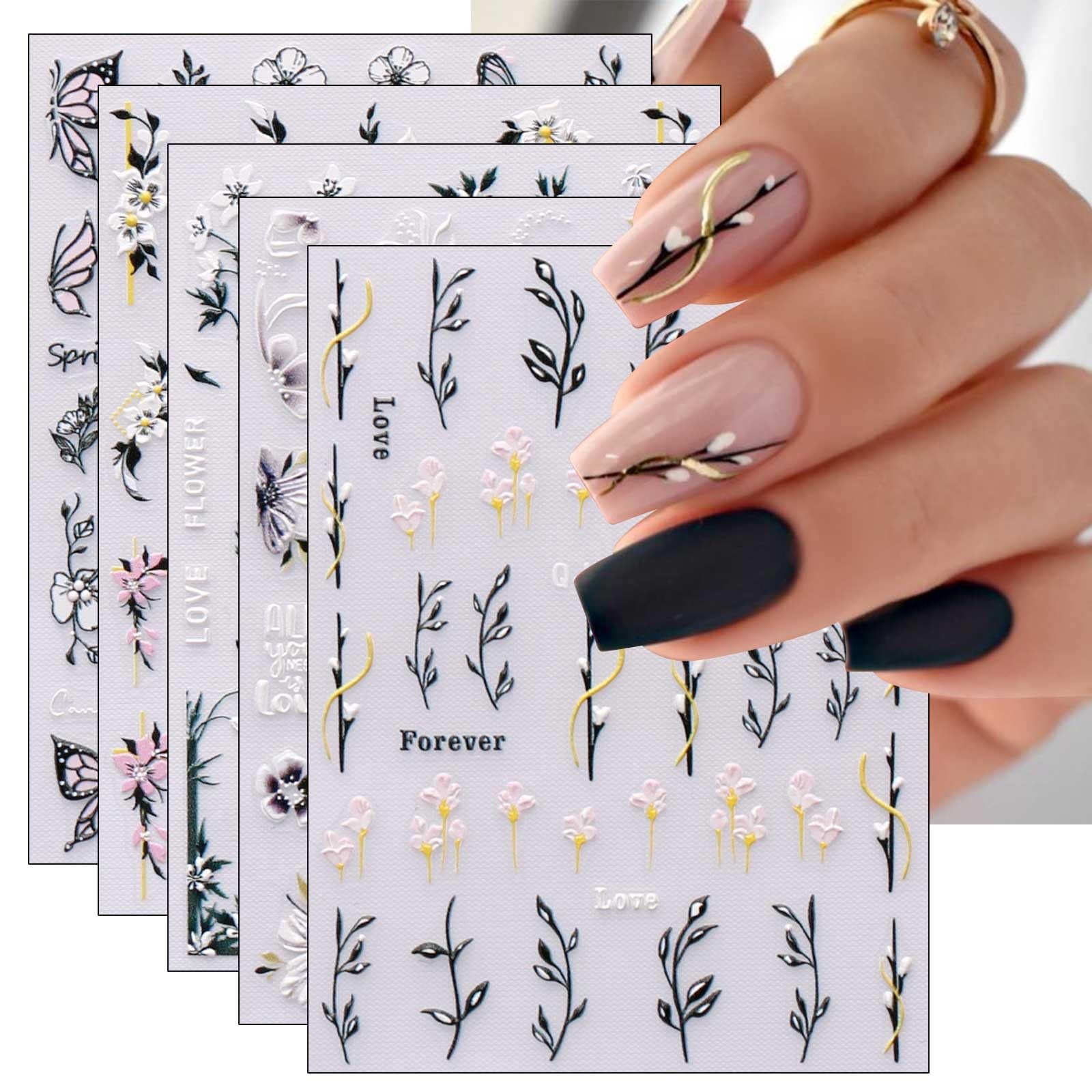 6 Sheets 3D Embossed Spring Flower Nail Art Stickers Decals Self-Adhesive Peg…