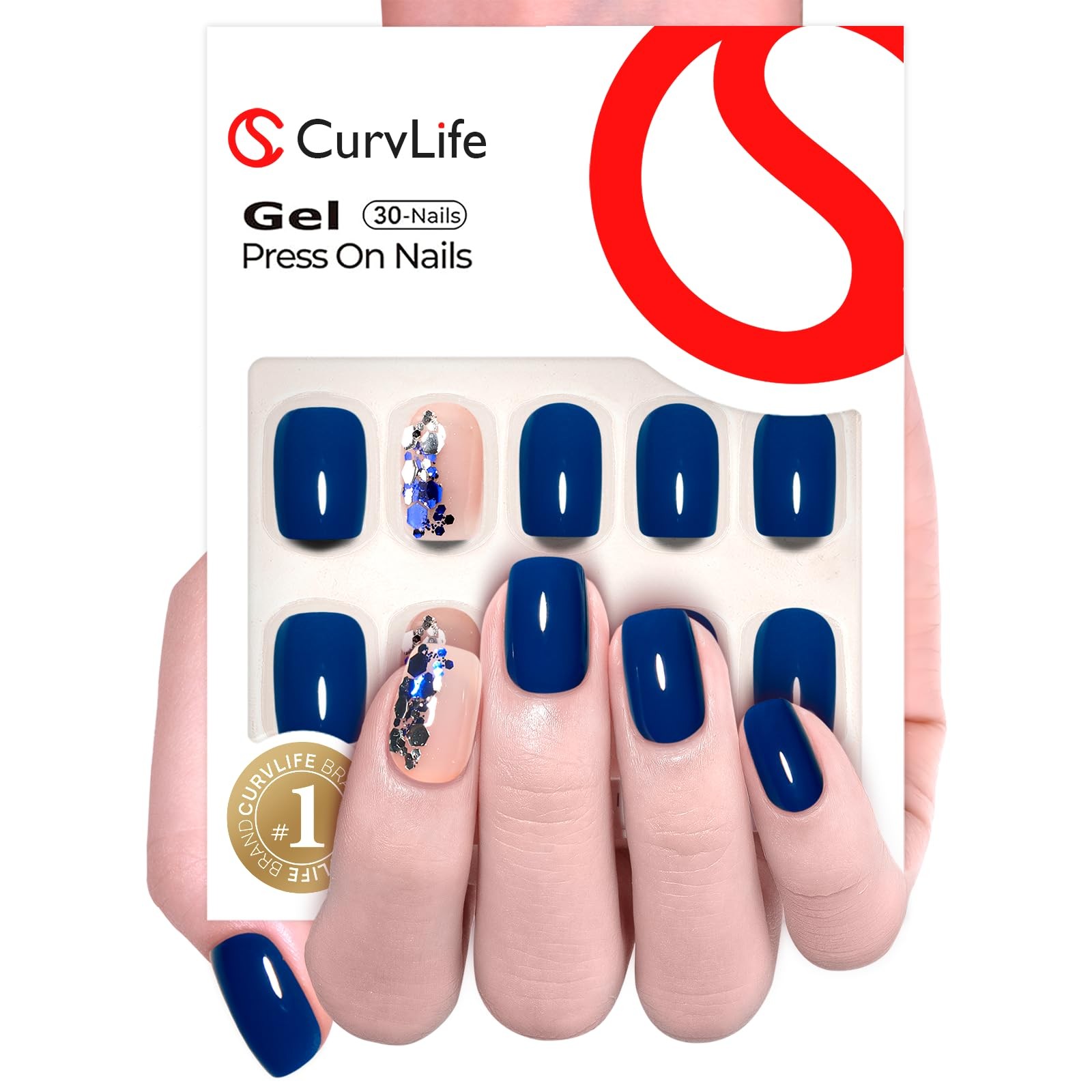 CurvLife Press On Nails Stick Deeping Blue Short Short, deeping blue