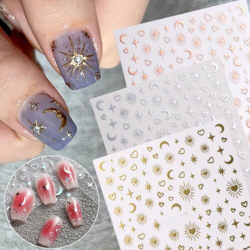 12pcs Aurora Silver Star Moon Nail Art Stickers 3D Star Nail Stickers for