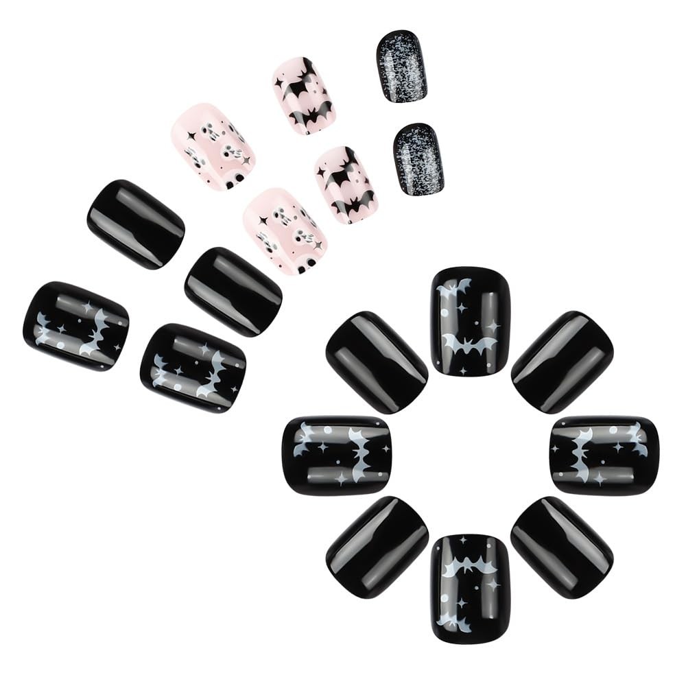 Halloween Press on Nails Short Square Fake Nails Bat Skull with Design Full C…