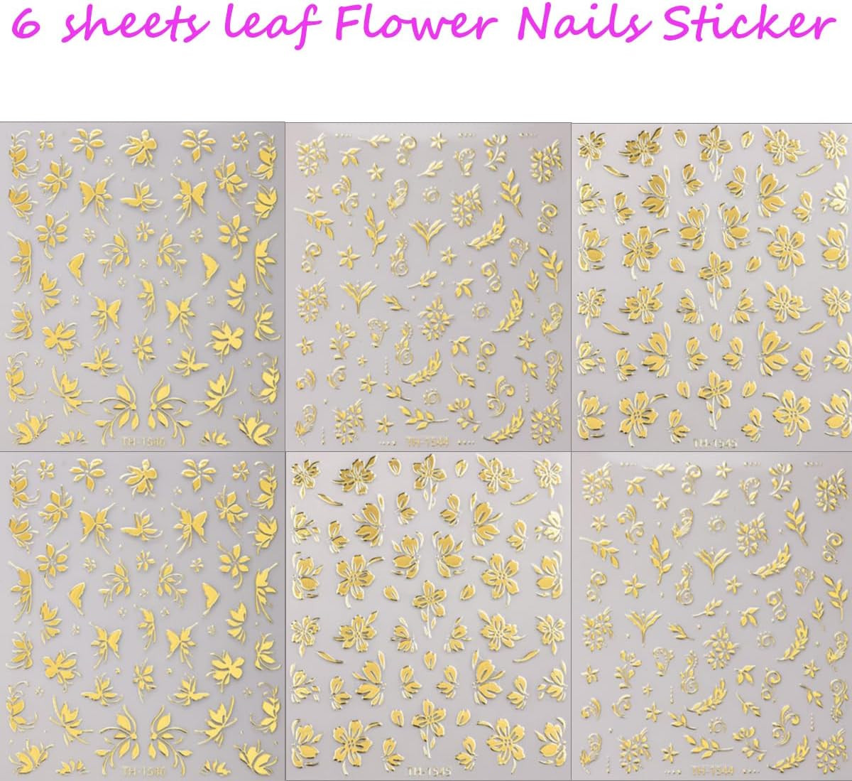6 Sheets Gold 3D Nail Stickers Flower Leaf Nail Art Decals Self Adhesive Set 6