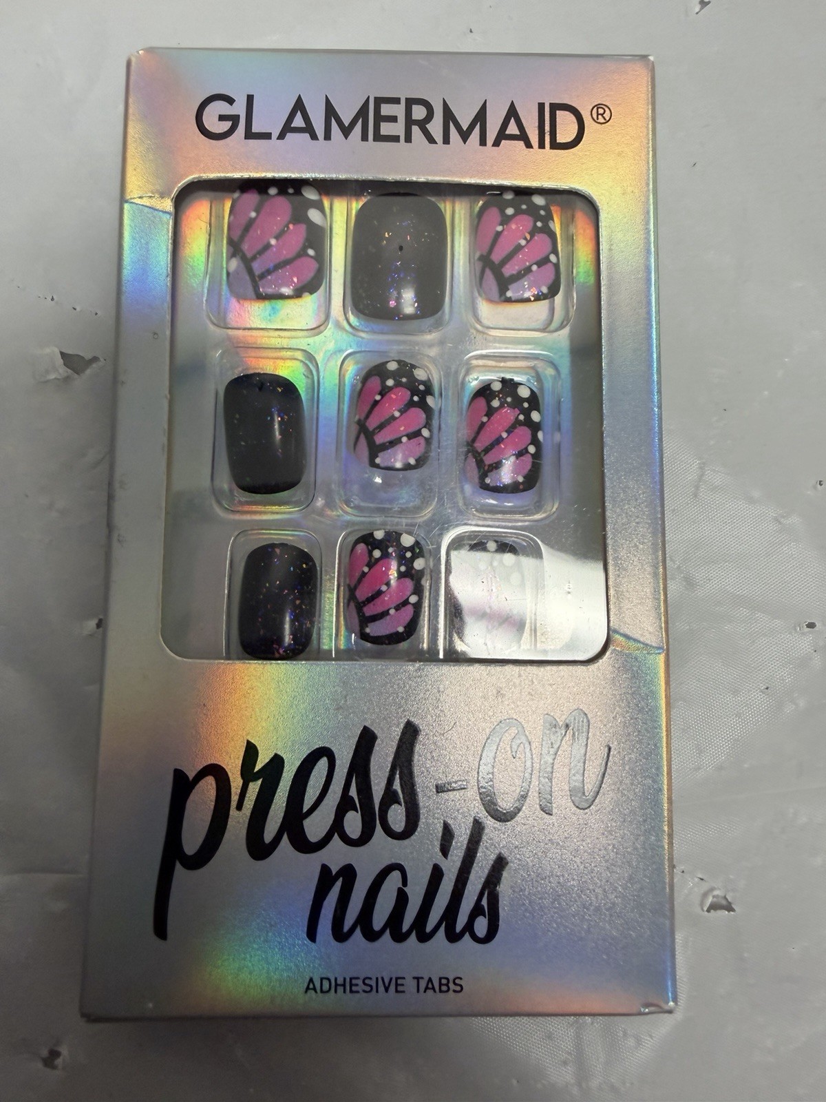 GLAMERMAID Press-On Nails Square Black Butterfly Full Cover Adhesive Tabs